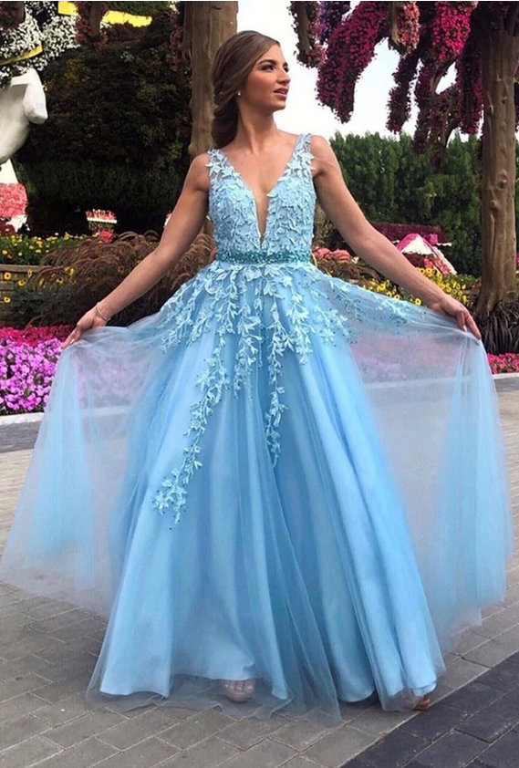 Light Blue Lace Prom Dress Long For Teens