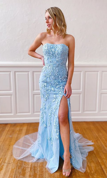 Blue Prom Dress slit skirt, Formal Dress, Evening Dress, Pageant Dance Dresses, School Party Gown, PC0761