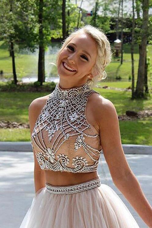 Two Pieces Prom Dresses Halter Neckline, Evening Dress ,Winter Formal –  Promcoming