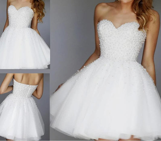 White Homecoming Dress with Pearls,Short Wedding Dress, Short Prom Dress, Dance Dress, Formal Dress, Graduation School Party Gown, PC0575 - Promcoming