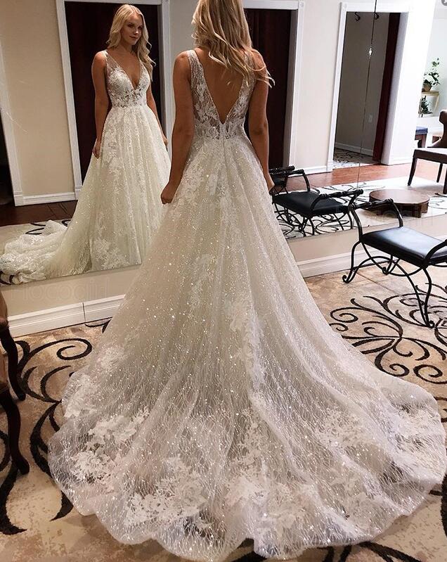 Sparkling Wedding Dress V Back, Bridal Gown ,Dresses For Brides