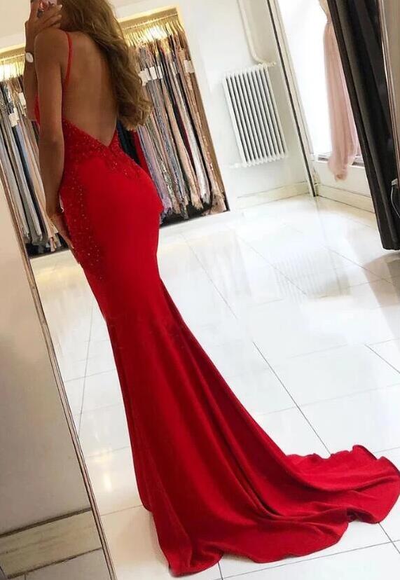 Mermaid Red Prom Dress Low Back, Formal Dress, Evening Dress, Dance Dresses, School Party Gown, PC0790