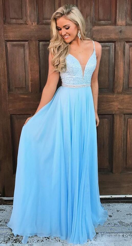 Sky Blue Prom Dress Beaded Bodice, Formal Dress, Evening Dress, Dance Dresses, School Party Gown, PC0803