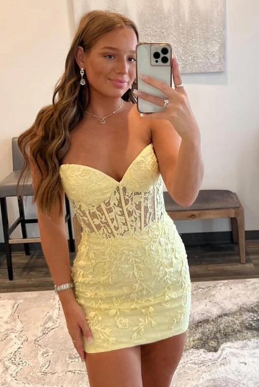 Yellow Lace HOCO Dress, Homecoming Dress, Short Prom Dress ,Winter Formal Dress, Pageant Dance Dresses, Back To School Party Gown, PC1008