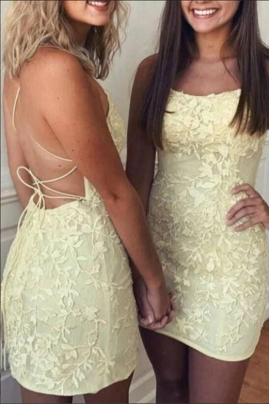 Yellow Lace HOCO Dress,Homecoming Dress, Short Prom Dress ,Winter Formal Dress, Pageant Dance Dresses, Back To School Party Gown, PC1004