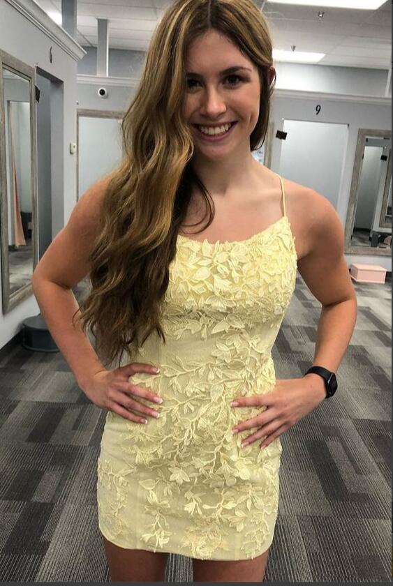 Yellow Lace HOCO Dress,Homecoming Dress, Short Prom Dress ,Winter Formal Dress, Pageant Dance Dresses, Back To School Party Gown, PC1004
