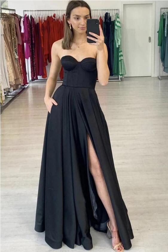 Sexy Black Prom Dress with Slit Prom Dresses Winter Formal Dress Pageant Dance Dresses Back To School Party Gown, PC1011