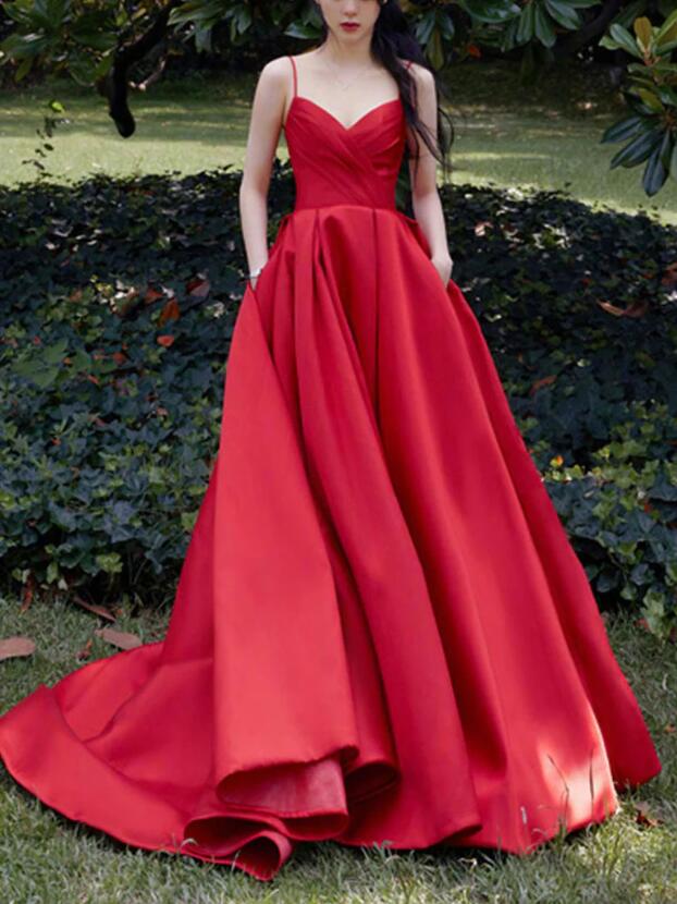 Red Satin Prom Dresses Long Formal Dress Pageant Dance Dresses Back To School Party Gown Evening Dress