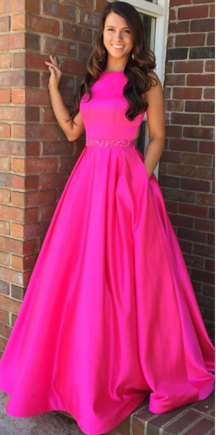 Hot Pink Prom Dress Satin Fabric with Pockets For Teens