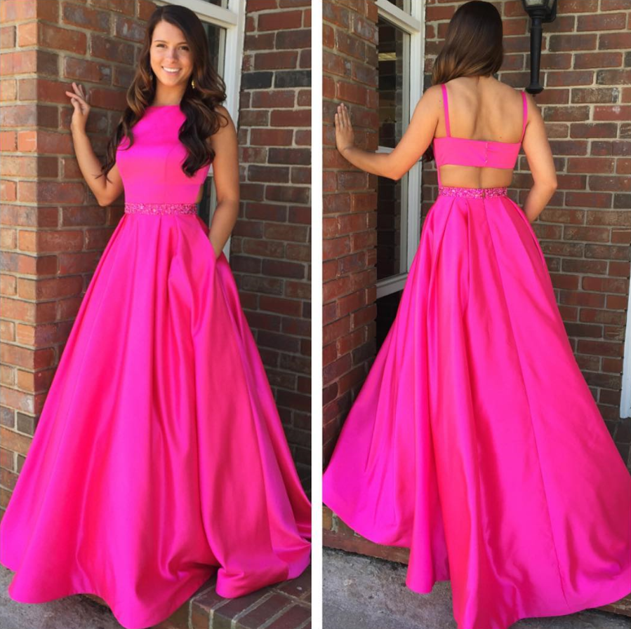 V Neck Spaghetti Straps Hot Pink Long Prom Dresses with Pockets TP1082 –  Tirdress