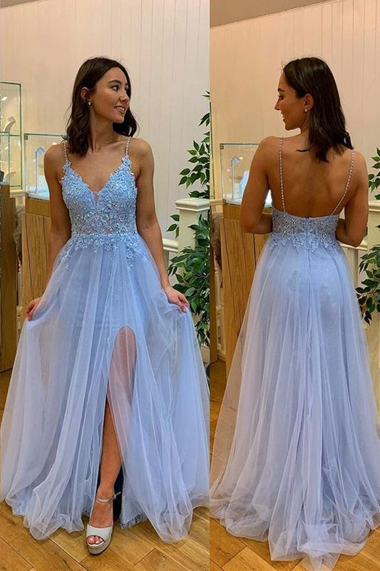 Light Blue Prom Dress Slit Skirt, Formal Dress, Evening Dress, Pageant Dance Dresses, School Party Gown, PC0766