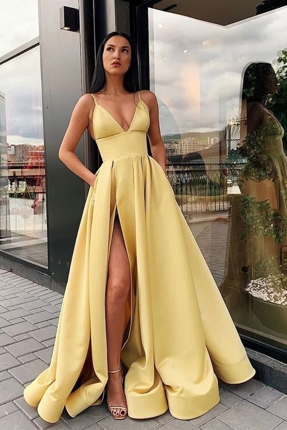 Yellow Prom Dress with Slit, Evening Dress ,Winter Formal Dress, Pageant Dance Dresses, Graduation School Party Gown, PC0246 - Promcoming