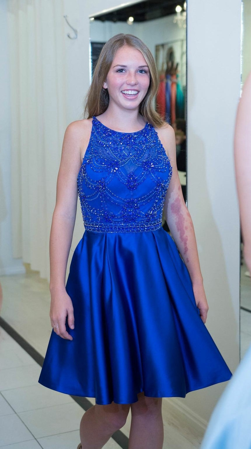 Royal Blue Homecoming Dress Beaded Bodice, Short Prom Dress, Dance Dresses, Back To School Party Gown, PC0867