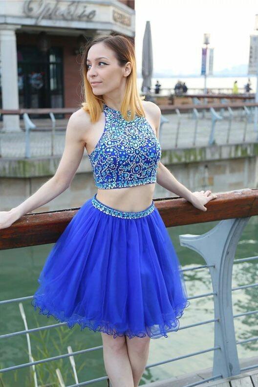 Two Pieces Royal Blue Homecoming Dress Beaded Bodice, Short Prom Dress, Dance Dresses, Back To School Party Gown, PC0868