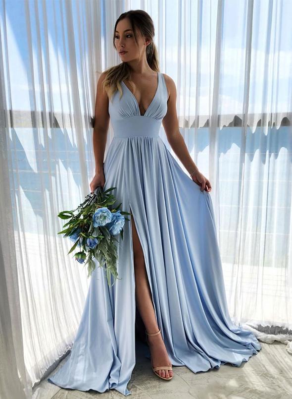 Light Blue Prom Dress with Slit, Evening Dress ,Winter Formal