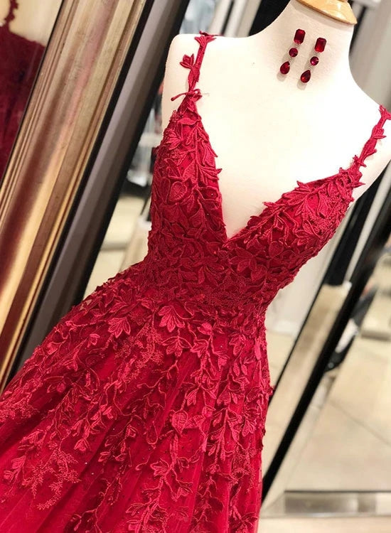 Burgundy Lace Prom Dress Long, Prom Dresses, Evening Dress, Dance Dress, Graduation School Party Gown, PC0419 - Promcoming