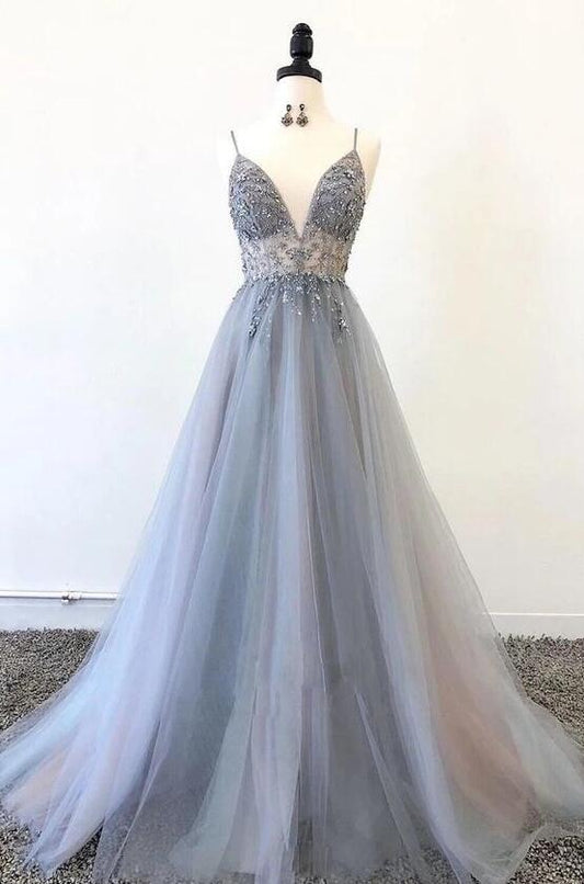 Sexy Blue Grey Prom Dress Sheer Top, Formal Dress, Evening Dress, Dance Dresses, School Party Gown, PC0792