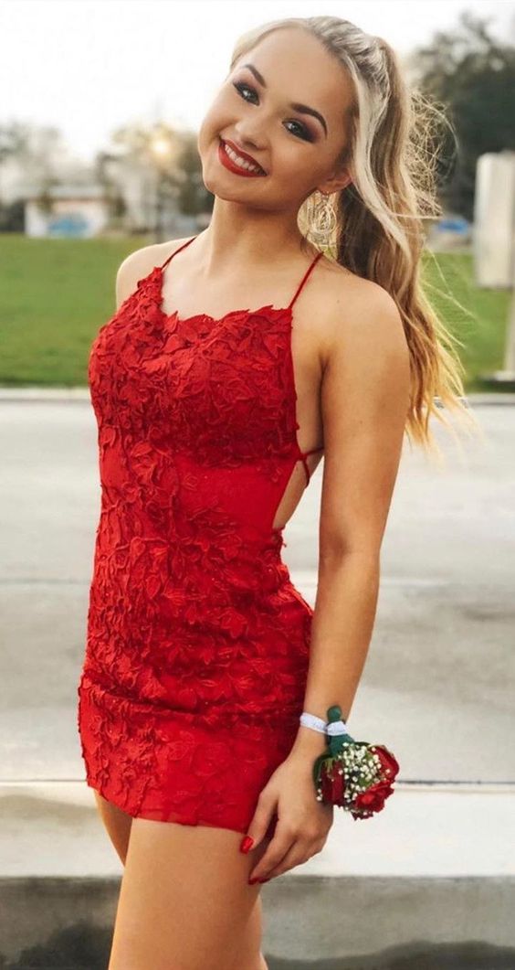 Red Lace Homecoming Dress, Short Prom Dress ,Winter Formal Dress, Pageant Dance Dresses, Back To School Party Gown, PC0978