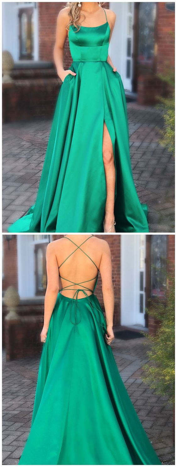 Green Satin Prom Dress Long with Slit and Pockets