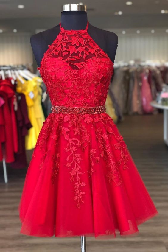 Red Lace Homecoming Dress Halter Neckline, Short Prom Dress ,Formal Dress,Dance Dresses, Back To School Party Gown, PC0851