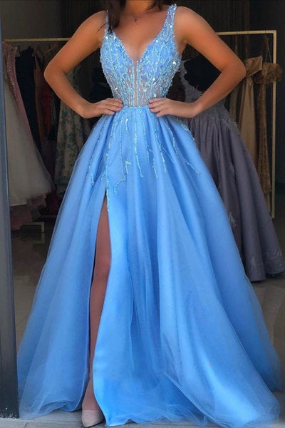 Blue Prom Dress with Slit, Evening Dress, Dance Dress, Graduation School Party Gown, PC0437 - Promcoming