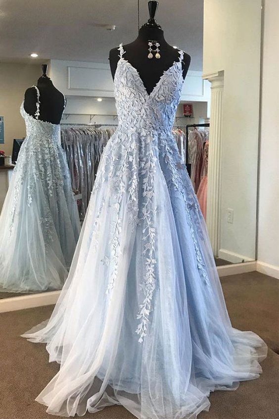 Light Blue Lace Prom Dress Long, Evening Dress, Dance Dress, Graduation School Party Gown, PC0451 - Promcoming