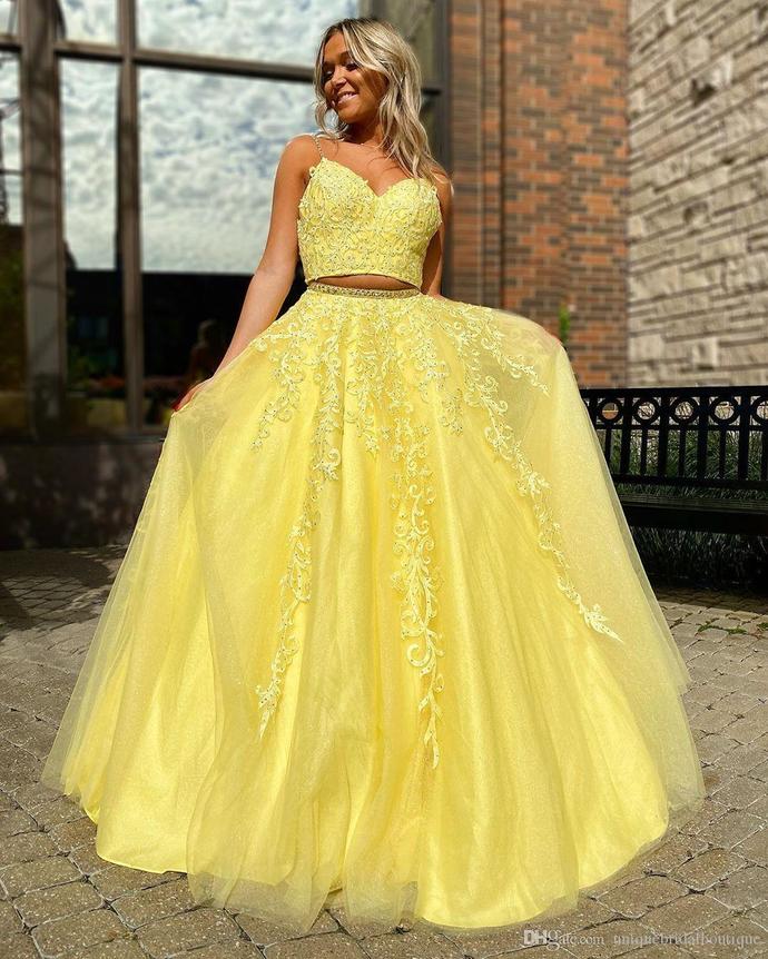 Two Pieces Yellow Lace Prom Dress , Formal Dress, Evening Dress, Pageant Dance Dresses, School Party Gown, PC0769
