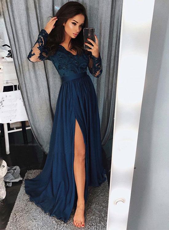 Long Sleeves Prom Dress Slit Skirt, Ball Gown, Sweet 16 Dress, Winter Formal Dress, Pageant Dance Dresses, Graduation School Party Gown, PC0057 - Promcoming