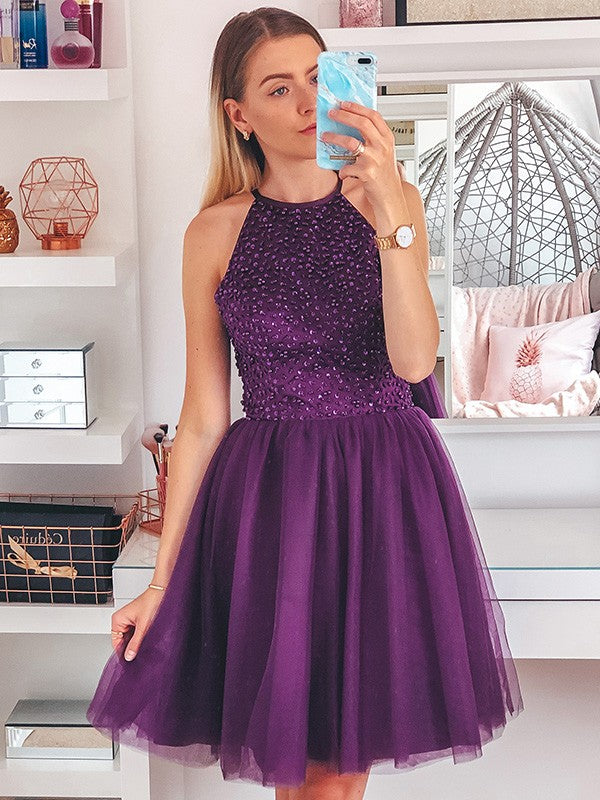 Purple Homecoming Dress Halter Neckline, Short Prom Dress ,Formal Dress, Pageant Dance Dresses, Back To School Party Gown, PC0826