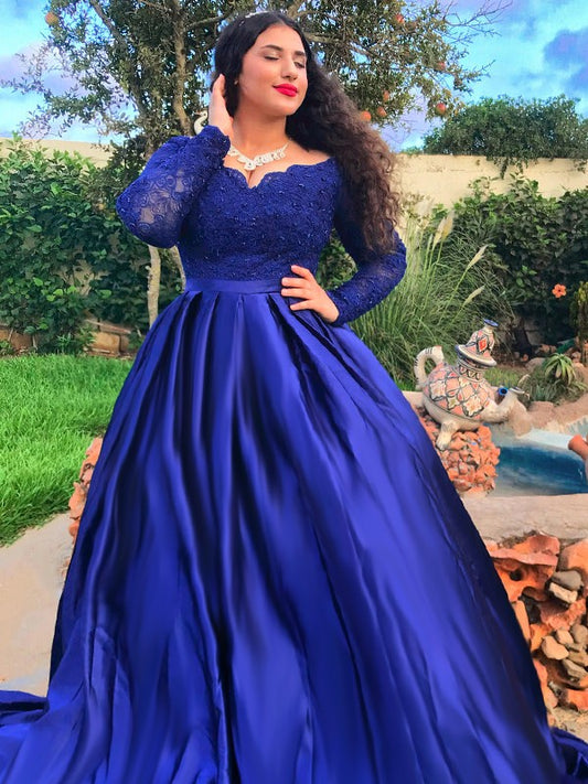 Plus Size Royal Blue Prom Dress Long Sleeves, Formal Ball Dress, Evening Dress, Dance Dresses, School Party Gown, PC0815