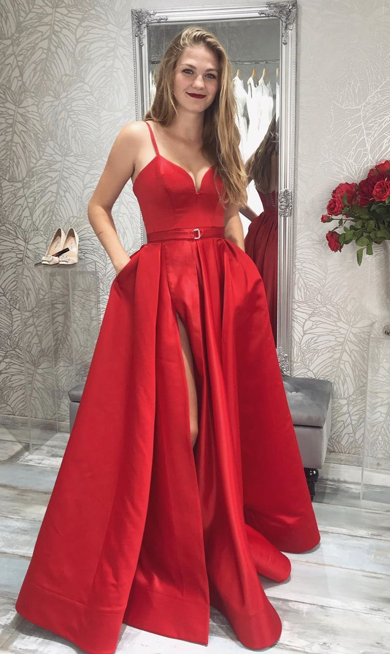 Red Prom Dresses High Slit in Satin with Pockets