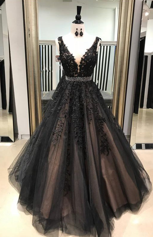 Black A Line Prom Dress with Lace, Sweet 16 Dresses, Evening Dress, Dance Dress, Graduation School Party Gown, PC0398 - Promcoming