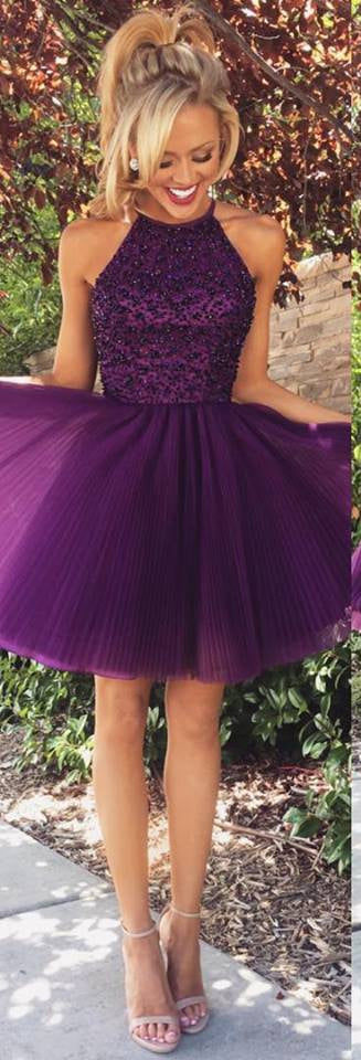 Classic Purple Homecoming Dress Halter Neckline, Short Prom Dress, Dance Dress, Formal Dress, Graduation School Party Gown, PC0576 - Promcoming