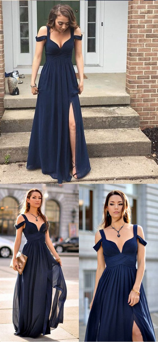 Sexy Navy Prom Dress Long Chiffon Fabric with Slit