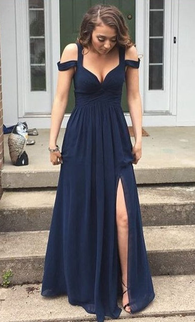 Sexy Navy Prom Dress Long Chiffon Fabric with Slit