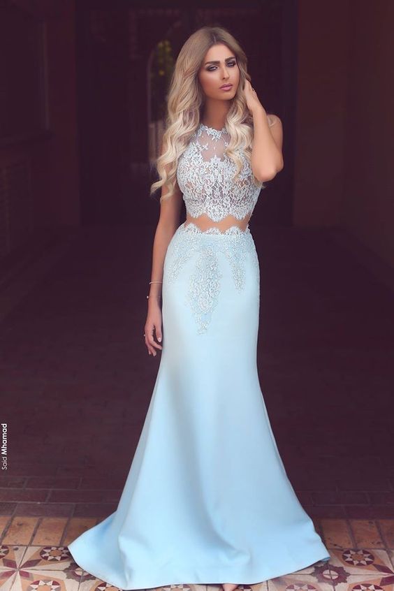 Two Pieces Prom Dress Light Blue, Evening Dress, Dance Dress, Graduation School Party Gown, PC0463 - Promcoming