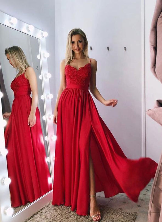 Red Prom Dress Slit Skirt, Formal Dress, Evening Dress, Pageant Dance Dresses, School Party Gown, PC0777