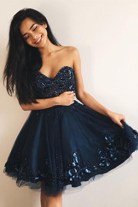 Navy Homecoming Dress, Short Prom Dress ,Winter Formal Dress, Pageant Dance Dresses, Back To School Party Gown, PC0980