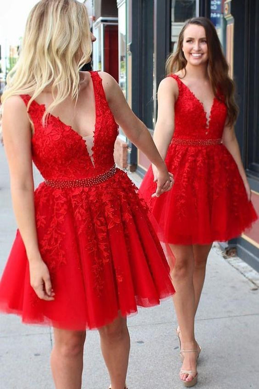 2023 Red Lace Homecoming Dress, Short Prom Dress ,Winter Formal Dress, Pageant Dance Dresses, Back To School Party Gown, PC0979
