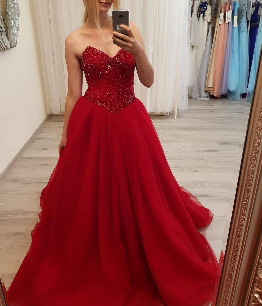 Red Prom Dress Beaded Bodice, Formal Dress, Evening Dress, Pageant Dance Dresses, School Party Gown, PC0770